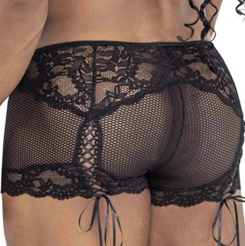 Boxer Court Dentelle et Résille Noir