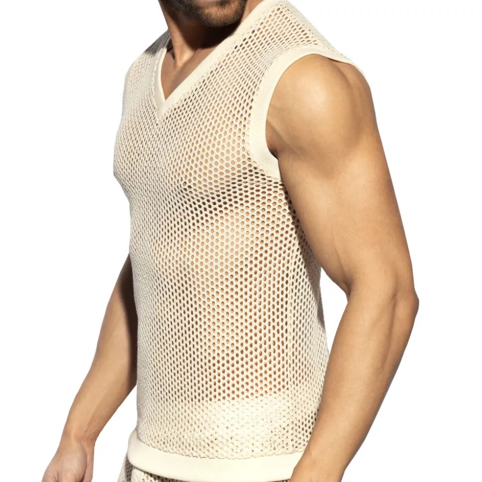 Débardeur Col V Crochet Beige