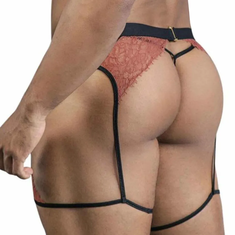 Ensemble Jarretière - String Ficelle Dentelle Terracotta