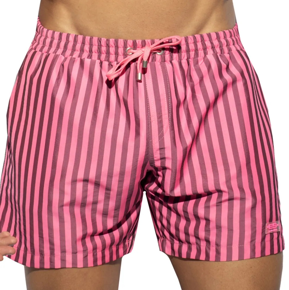 Short de Bain Long Rayé Rose Fluo