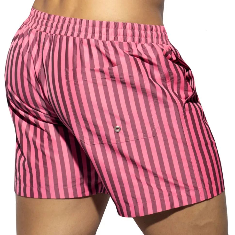 Short de Bain Long Rayé Rose Fluo