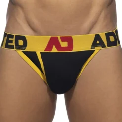 Slip Tanga Open Fly Coton Noir - Jaune