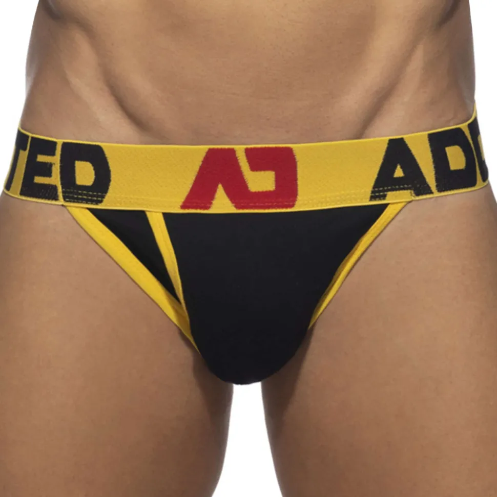 Slip Tanga Open Fly Coton Noir - Jaune