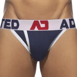 Slip Tanga Open Fly Coton Bleu Marine - Blanc