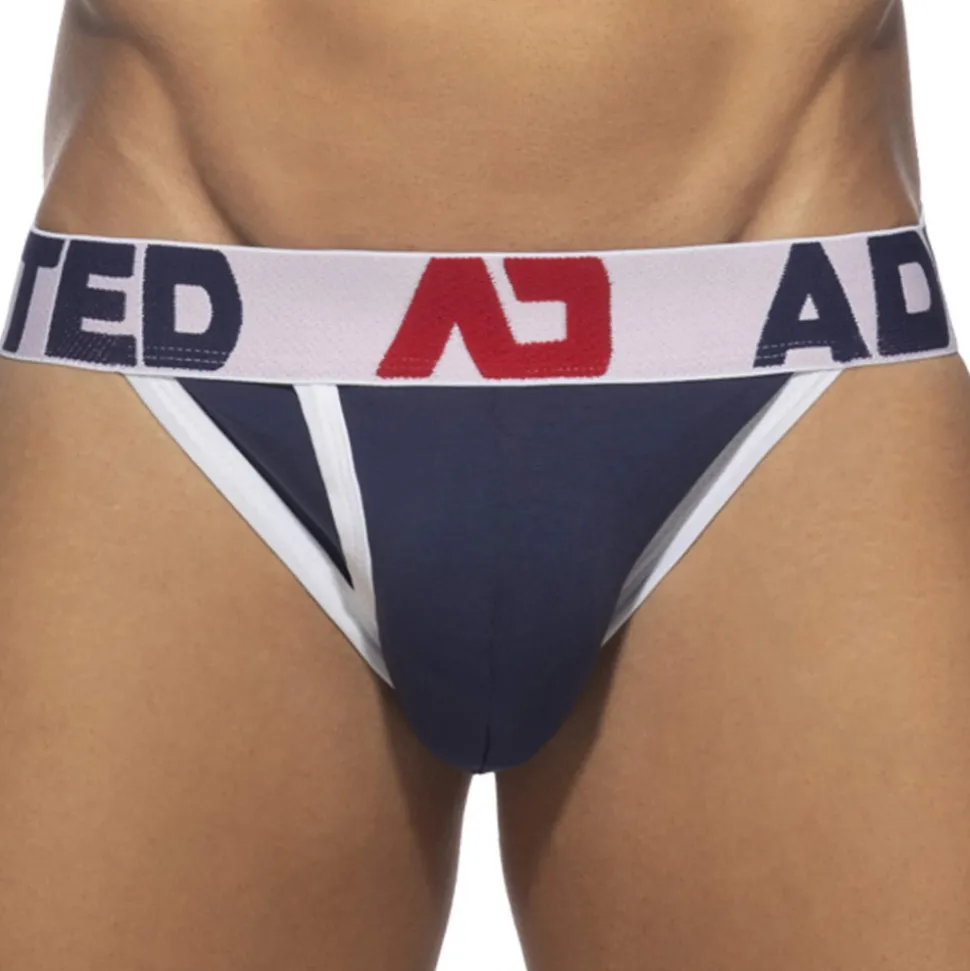 Slip Tanga Open Fly Coton Bleu Marine - Blanc