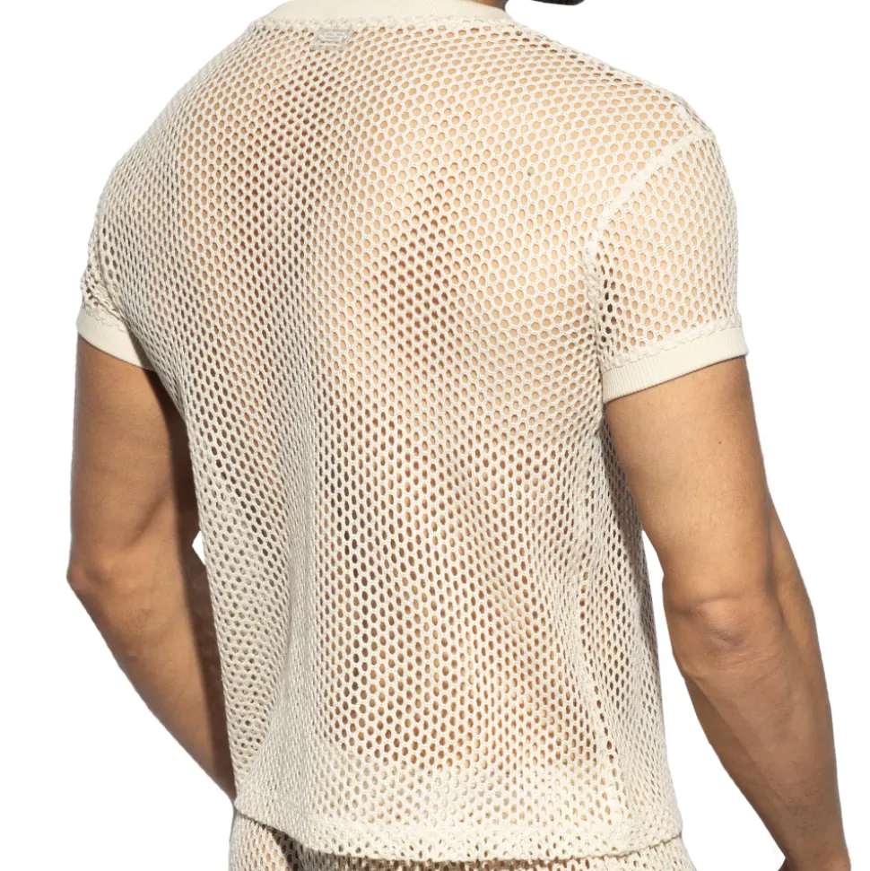 T-Shirt Col V Crochet Beige